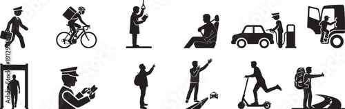 silhouette set of travel and transport, cycling, fuel station, train officer, airport checking,  man with a suitcase, buckling a seatbelt