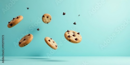 Delightful Chocolate Chip Cookies in Mid-Air Flight Against a Pastel Blue Background