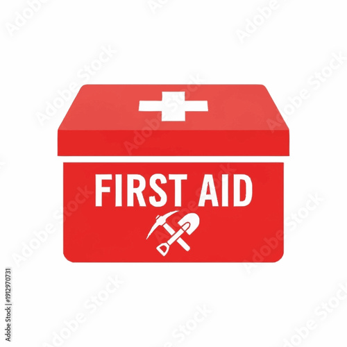 Red First Aid Kit with White Cross and Mining Tools Illustration.
