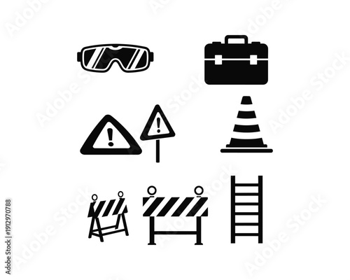 construction, site equipment, safety helmet, protective gloves, boots, safety goggles, hearing protection, Traffic cone, Construction barrier, Warning sign, Tool box, silhouette vector design set