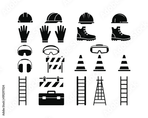 construction, site equipment, safety helmet, protective gloves, boots, safety goggles, hearing protection, Traffic cone, Construction barrier, Warning sign, Tool box, silhouette vector design set