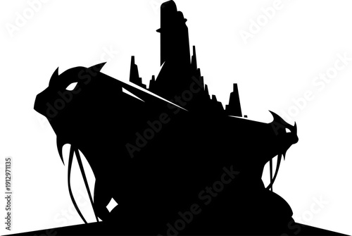 Dark vector silhouette of a fantasy castle with sharp spires and jagged edges, featuring two dragon heads emerging from the base, creating an ominous and mythical illustration. isolated PNG with