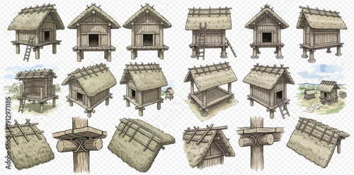 Collection of traditional wooden huts and thatched roofs on stilts, ideal for historical or rural settings.