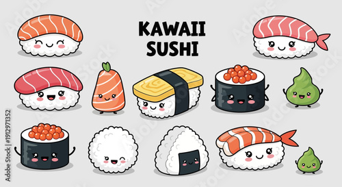 Kawaii Sushi Vector Illustration Set – Cute Japanese Food Cartoon Characters