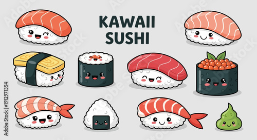 Kawaii Sushi Vector Illustration Set – Cute Japanese Food Cartoon Characters