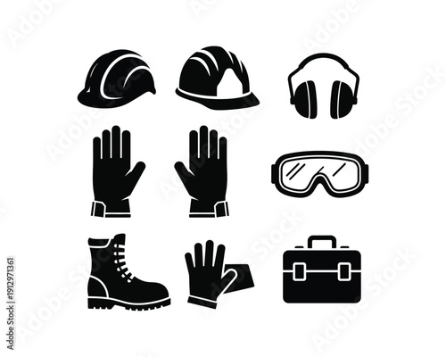 construction, site equipment, safety helmet, protective gloves, boots, safety goggles, hearing protection, Traffic cone, Construction barrier, Warning sign, Tool box, silhouette vector design set