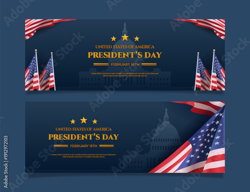 Presidents Day Vector Banner with USA Flags and Government Buildings