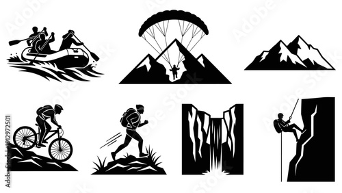 Adventure Silhouette Icons Featuring Various Activities.