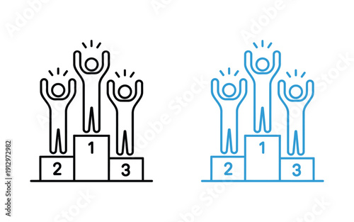 Two podium icons with people on winners’ stand, vector illustrations representing achievement, success, competition, awards, ranking, recognition, sports events, business excellence, and digital 