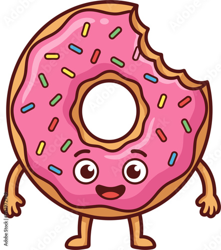 A cute and funny cartoon donut character with pink icing and colorful sprinkles. It has a happy face, arms, and legs, with a bite taken out of it.