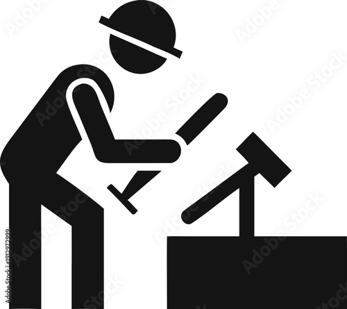 Construction worker shaping wood with mallet and chisel at a block
