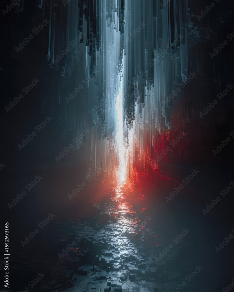 Fototapeta premium Surreal vertical red light stream flowing through abstract dark waterfall scene