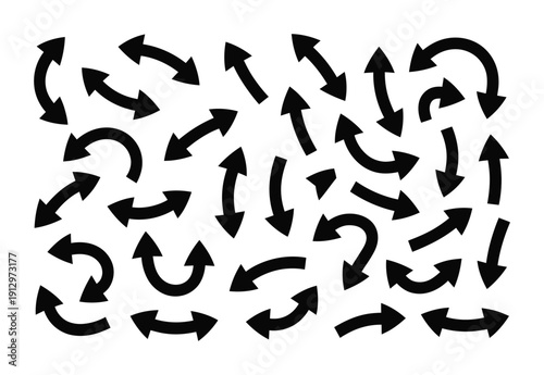 Multiple black arrows of various shapes and sizes in a vector illustration.