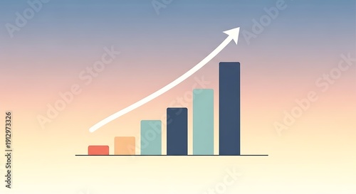 Growth chart with upward trending bar graph and arrow illustrating business success and progress over time