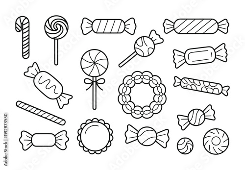 Vector illustration of assorted candies and sweets in various shapes and designs
