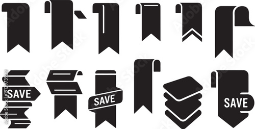 Collection of black save and bookmark icons on white