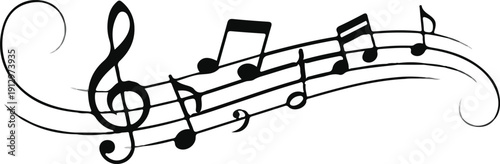 elegant black musical notes staff with treble clef and flowing swirl silhouette vector clipart for music art and design
