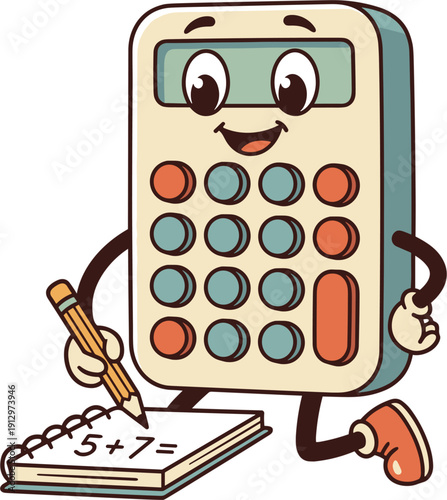 A whimsical retro calculator character with arms and legs is shown writing a math problem on a notepad with a pencil. The character has a cheerful expression, embodying a fun and educational theme.