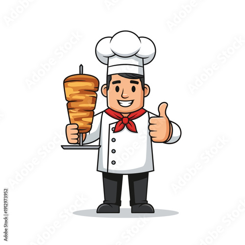 Happy Chef Holding Doner Kebab Skewer with Thumbs Up - Cartoon Illustration