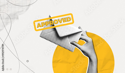 Trendy Halftone Collage Hand holds closed letter in envelope with approved stamp. Accepted paper document. Email letter with job offer. Get new visa. Contemporary vector illustration art