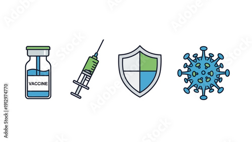 Vaccine syringe shield and virus icon set for medical and healthcare concepts.