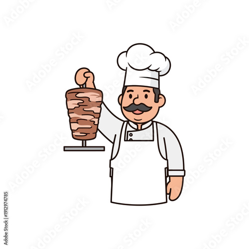 Cartoon Chef Holding Shawarma Meat Skewer - Food Service Illustration