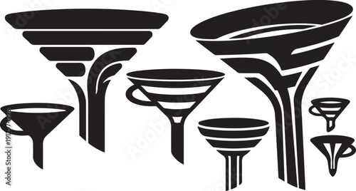 Black and white illustration of various funnel shapes sizes