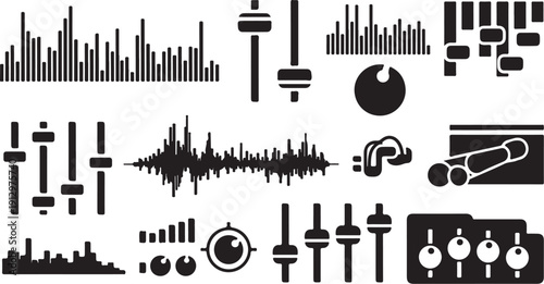Black and white audio sound wave music icons set