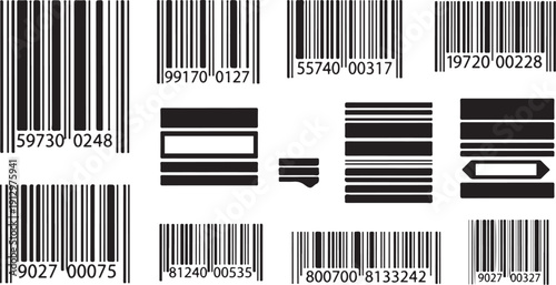 Collection of various barcode labels and numbers on white