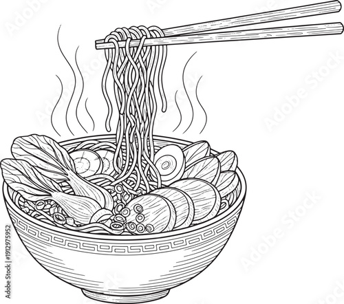 Hand-Drawn Ramen Bowl Illustration with Noodles, Egg, and Bok Choy - Vintage Engraving Style Vector Art