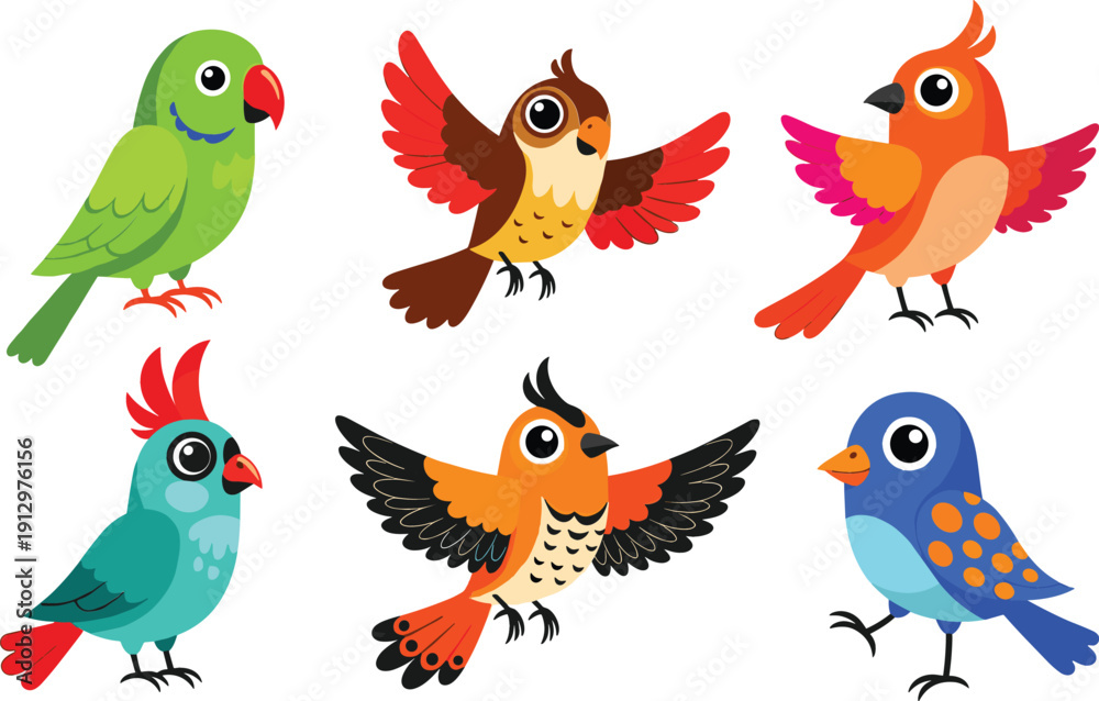 Fototapeta premium Cute Colorful Cartoon Bird Characters Vector Set for Kids Illustrations, Stickers, Games, Education, and Playful Graphic Design Projects