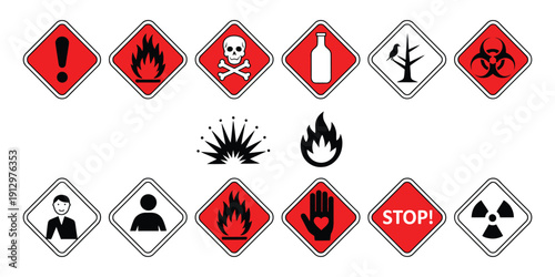 GHS pictograms warning hazard, hazardous and dangerous icon set, modern vector symbols for explosive, flammable, oxidising, compressed gas, corrosive, toxic, harmful, and environmentally unsafe 