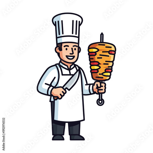Chef Holding Doner Kebab Skewer and Knife, Cartoon Style