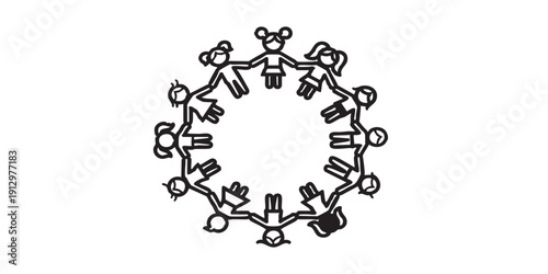Black and white flat vector icon of kids holding hands in a circle, minimal outline style, single centered composition, isolated on white background, clean design.
