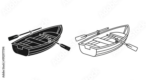 Two row boats with paddles on white background. rowboat, boat, paddle, watercraft, vessel, oar, canoe Vector