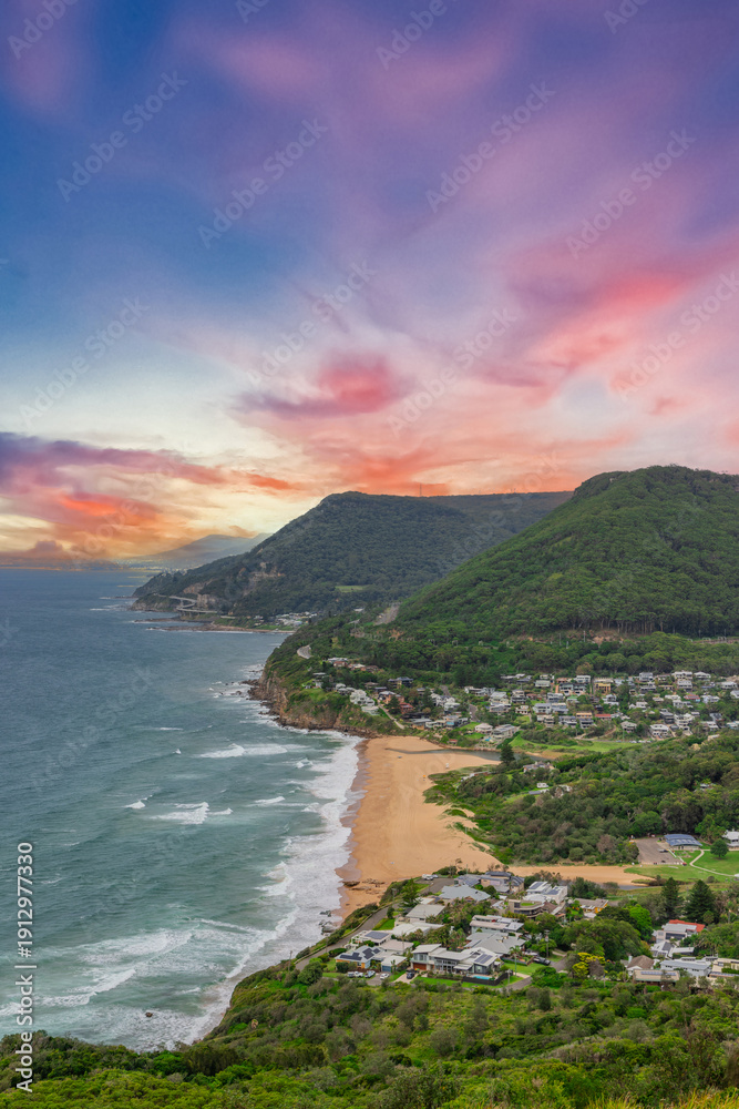 Fototapeta premium Sea Cliff Bridge on the southern coast of Sydney with sweeping Ocean Views and Mountain terrain. a major Bridge Road on the beautiful Australian coastline 