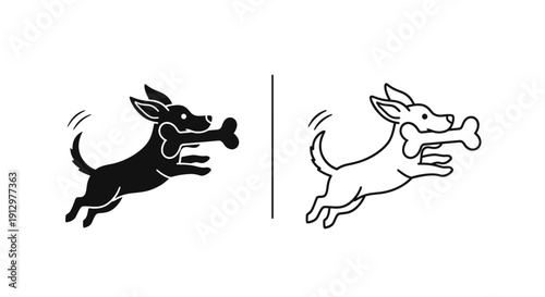 Two dogs running and playing with a bone, black and white illustration, vector art Vector