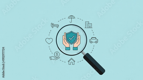 Magnifying Glass Revealing Shield of Protection with Insurance Icons security