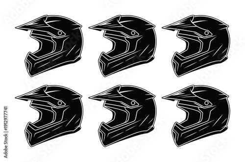 Six vector illustrations of motocross helmets displayed in a grid layout