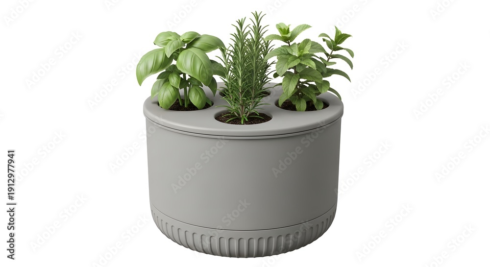 Fototapeta premium Indoor Herb Plant Garden in Gray Pot with Basil Rosemary and Mint