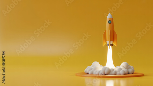 Orange rocket launching with bright white exhaust and smoke against a yellow background space spaceship