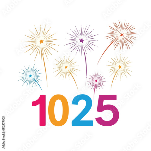 Vibrant fireworks exploding above colorful numbers in a celebratory display