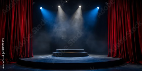 Empty theater stage with spotlight and red curtains, ready for performance