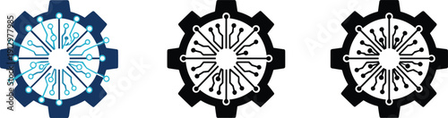 Technology Gear Icon Set: Industrial Cogwheel with Integrated Digital Circuit Board and Microchip Network Vectors in Blue and Black