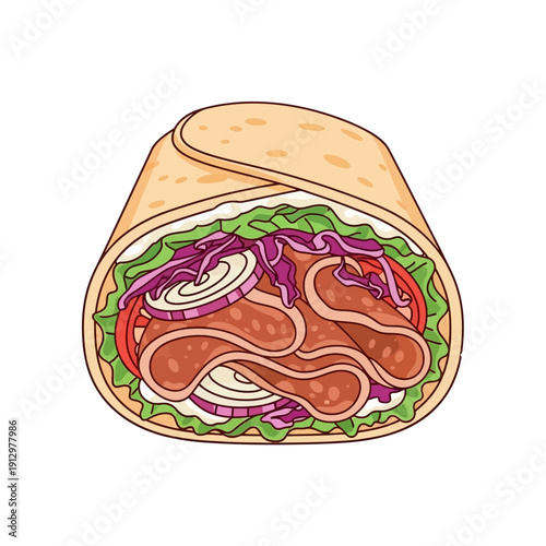 Delicious Doner Kebab Wrap with Meat, Vegetables, and Sauce