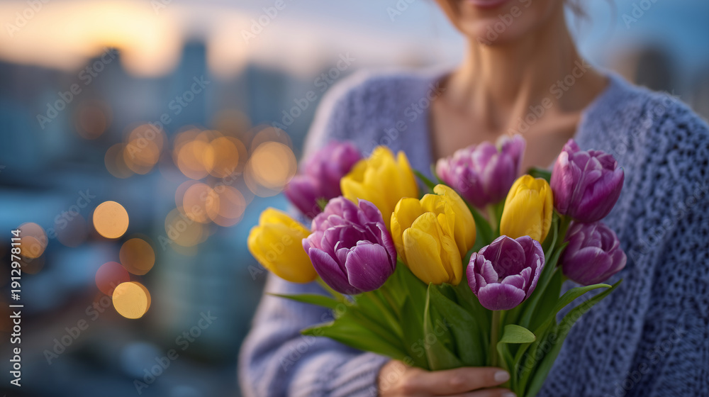 Fototapeta premium Woman receiving a bouquet of vibrant tulips on March 8th morning, sunlight filtering through city windows, warm celebratory atmosphere