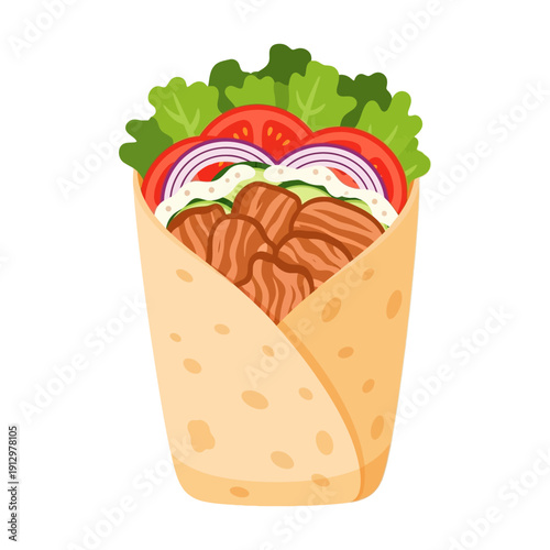 Delicious Gyro Wrap with Meat, Lettuce, Tomato, Onion, and Cucumber