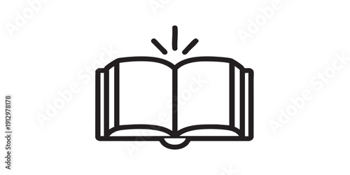 Black and white flat vector icon of an open Bible with glowing rays, minimal outline style, single centered composition, isolated on white background, clean design.