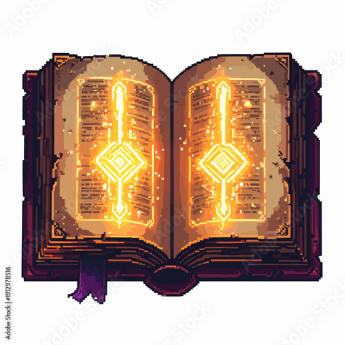 An open ancient tome with glowing pixel art illustrations on yellowed pages, viewed from directly above, showcasing mystical symbols, leather binding, and a ribbon bookmark.