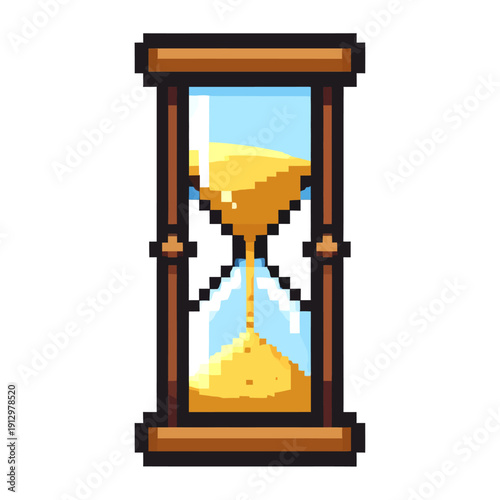 Pixel art hourglass with flowing sand, a symbol of time passing, viewed from the side in a simple environment